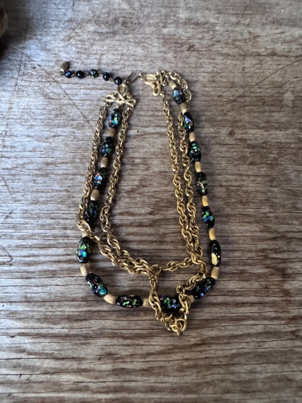 Trifari Vintage 1960s 3 Strand Black Confetti Foil Art Glass Bead Necklace 15”